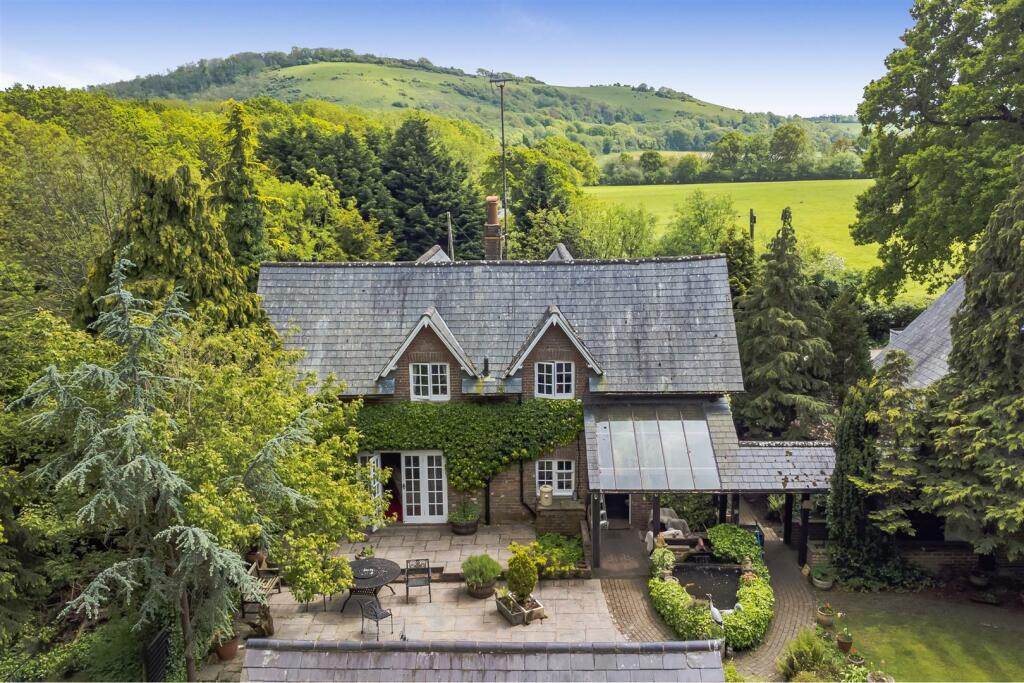 Aerial view of Grange Farm Cottage, home of the Poynings Cat Boarding Hotel, with the South Downs behind