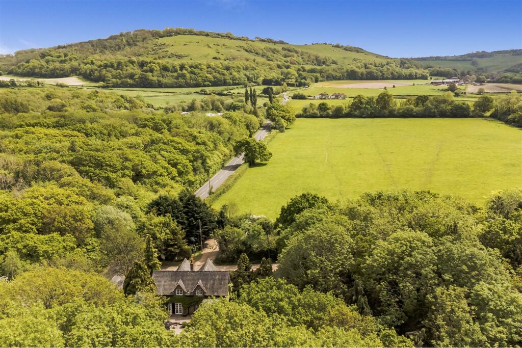 Aerial view of the South Downs countryside surrounding Grange Farm Cottage